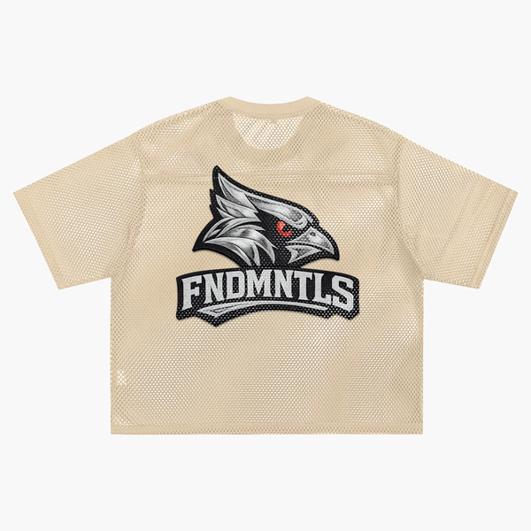 Back of beige Chrome Cardinals Boxy Net T-shirt showcasing cardinal mascot and FNDMNTLS branding. Stylish and breathable design.