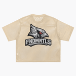 Back of beige Chrome Cardinals Boxy Net T-shirt showcasing cardinal mascot and FNDMNTLS branding. Stylish and breathable design.