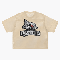 Back of beige Chrome Cardinals Boxy Net T-shirt showcasing cardinal mascot and FNDMNTLS branding. Stylish and breathable design.