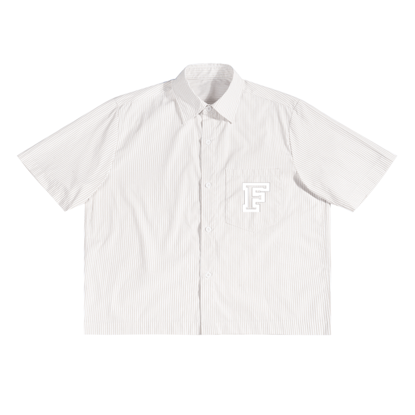 White short-sleeve shirt with a small logo on a white background