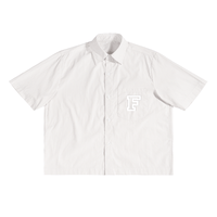 White short-sleeve shirt with a small logo on a white background