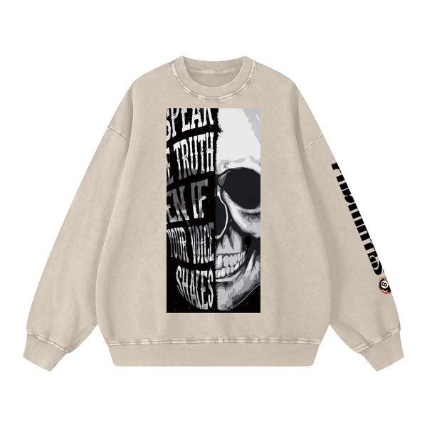 Beige Snow Washed Oversized Sweatshirt with skull graphic and 'Speak the Truth' text, unisex fit with long sleeves and bold sleeve print.