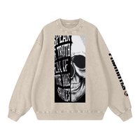 Beige Snow Washed Oversized Sweatshirt with skull graphic and 'Speak the Truth' text, unisex fit with long sleeves and bold sleeve print.