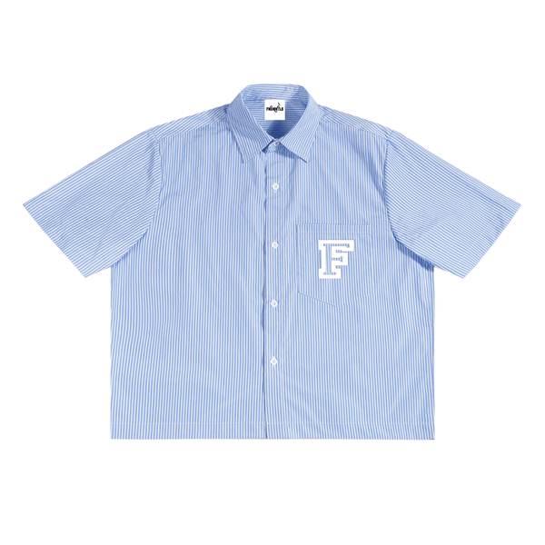Blue striped shirt with a white 'F' logo on a white background