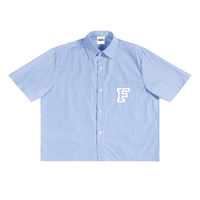 Blue striped shirt with a white 'F' logo on a white background