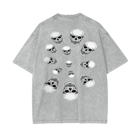 Oversized flower gray T-shirt with white skull graphic design for casual wear back view