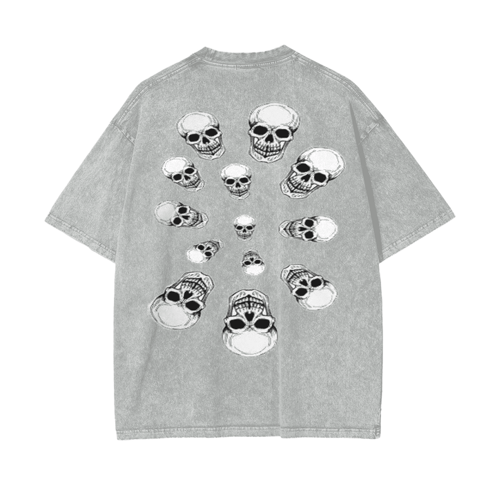 Oversized flower gray T-shirt with white skull graphic design for casual wear back view