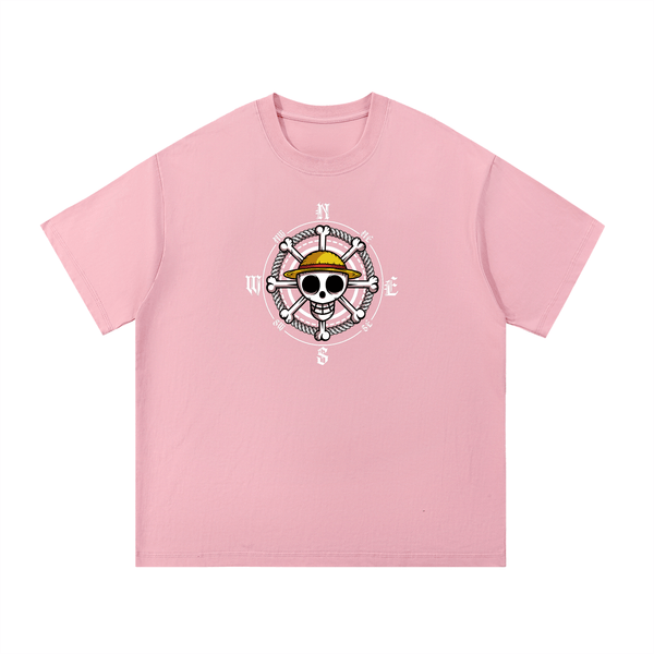 Pink One Piece Essential Cotton T-Shirt featuring anime compass skull print, crafted from soft cotton for a relaxed unisex fit.