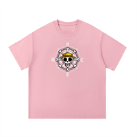 Pink One Piece Essential Cotton T-Shirt featuring anime compass skull print, crafted from soft cotton for a relaxed unisex fit.