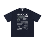 Navy Glock 19 unisex pure cotton t-shirt featuring firearm schematic and bold white text, ideal for casual streetwear enthusiasts.