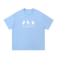 Light blue P.O.L.O. Essential Cotton T-Shirt featuring white FNDMNTLS logo and polo players, unisex regular fit for all-season style.