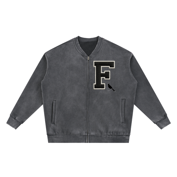 Flat lay of Vintage Washed Fleece Baseball Jacket in charcoal gray with front zipper, side pockets, and varsity 'F' patch detail.