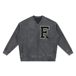 Flat lay of Vintage Washed Fleece Baseball Jacket in charcoal gray with front zipper, side pockets, and varsity 'F' patch detail.