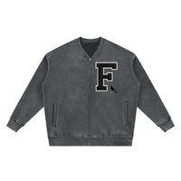 Flat lay of Vintage Washed Fleece Baseball Jacket in charcoal gray with front zipper, side pockets, and varsity 'F' patch detail.