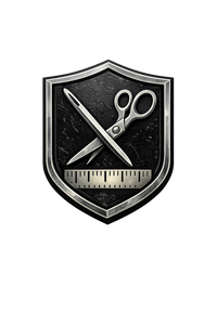 Shield emblem with scissors and a ruler on a white background