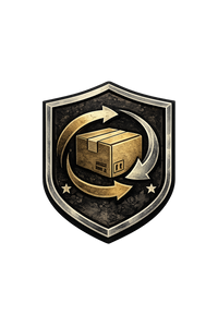 Decorative emblem with a box and arrows on a shield shape, on a white background. Easy Returns