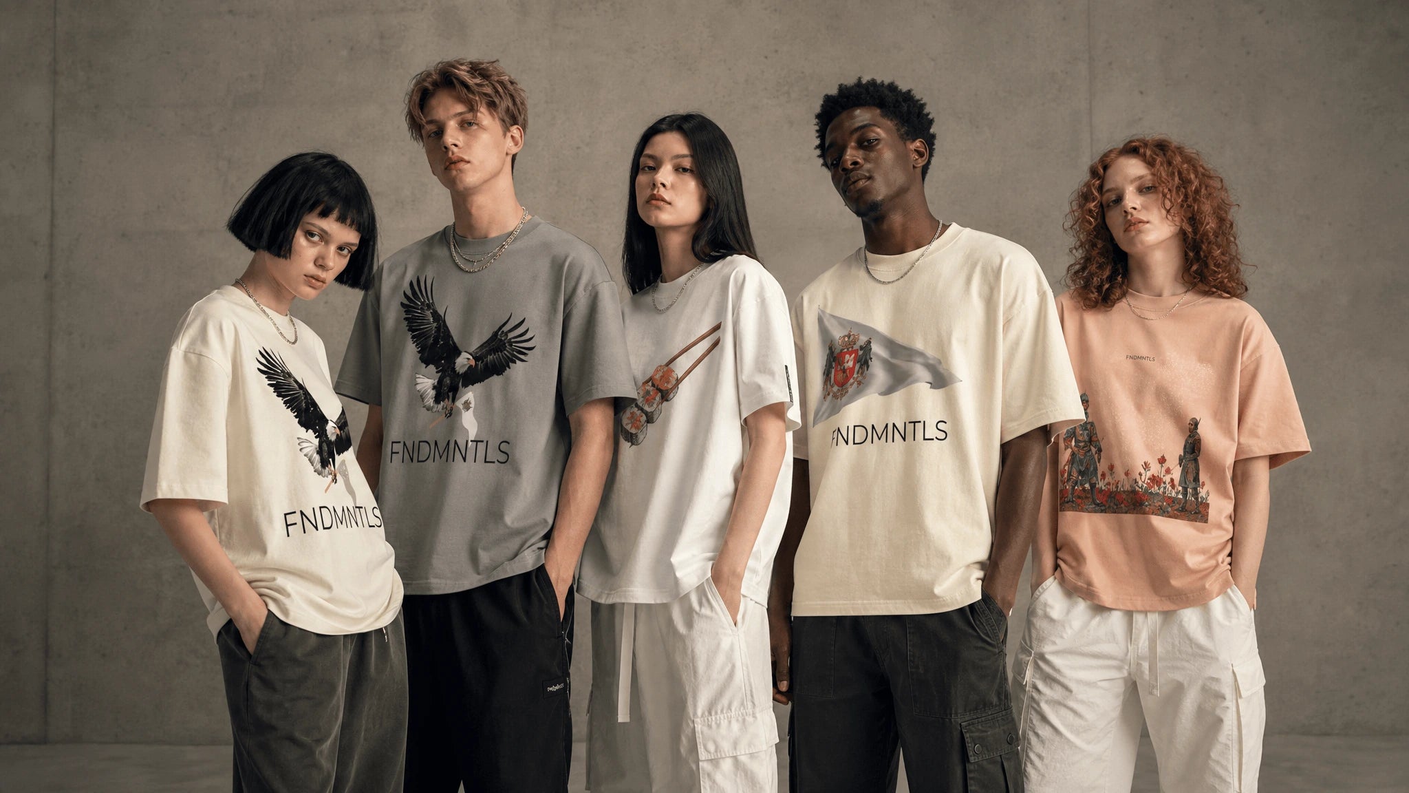 Five models wearing oversized graphic t-shirts with the brand name 'FNDMNTLS' printed on the front, standing against a textured gray concrete wall.