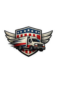 Logo with a truck inside a shield design featuring American flag colors and stars.