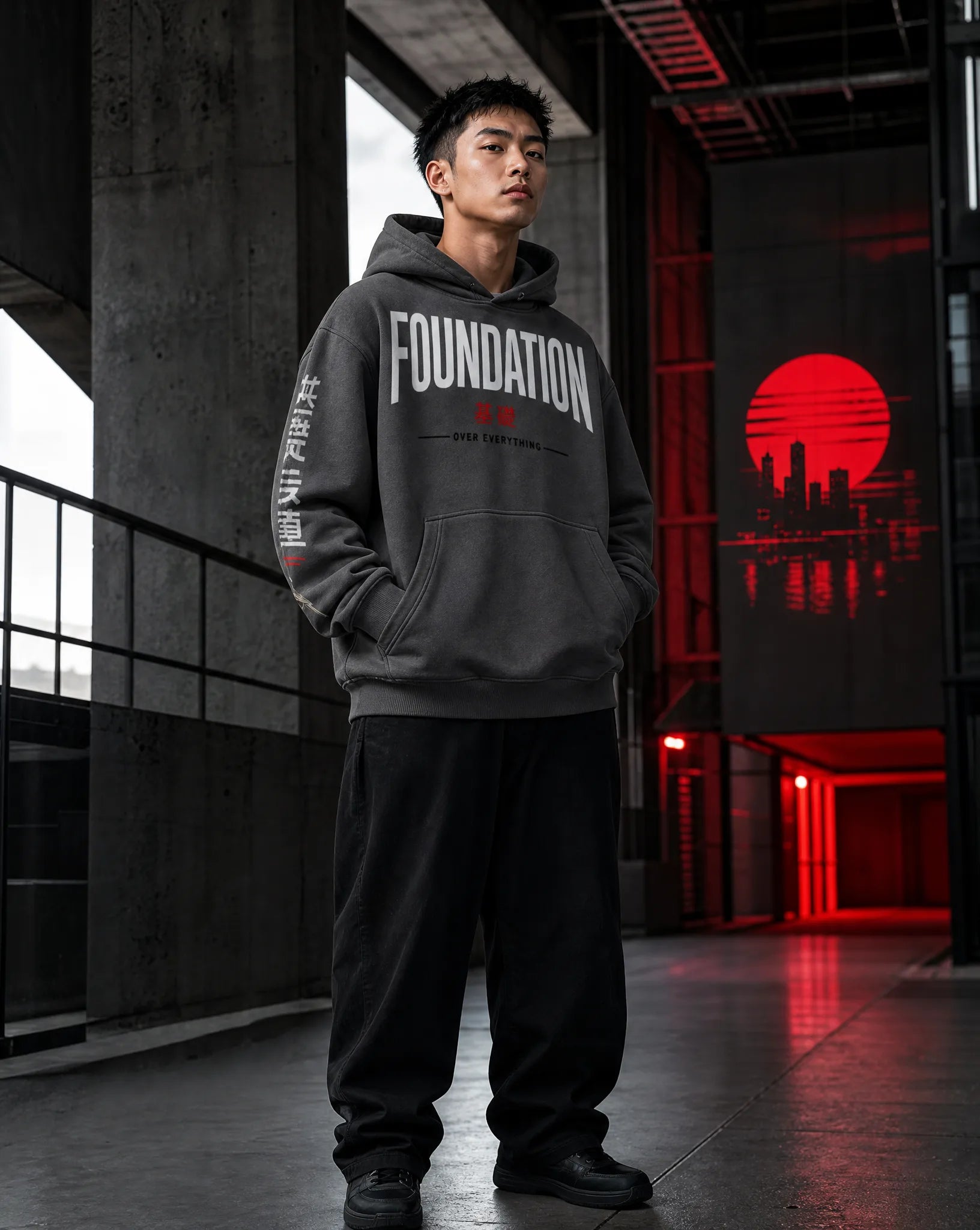 A man wearing a dark gray hoodie with 'FOUNDATION' printed in white across the chest and black pants, standing in a modern industrial interior with concrete pillars and red ambient lighting.