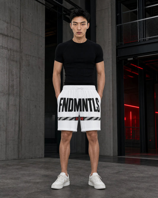 FNDMNTLS Infrastructure Mi Tong Mesh Shorts in white — single product campaign image
