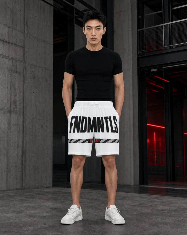 FNDMNTLS Infrastructure Mi Tong Mesh Shorts in white — single product campaign image