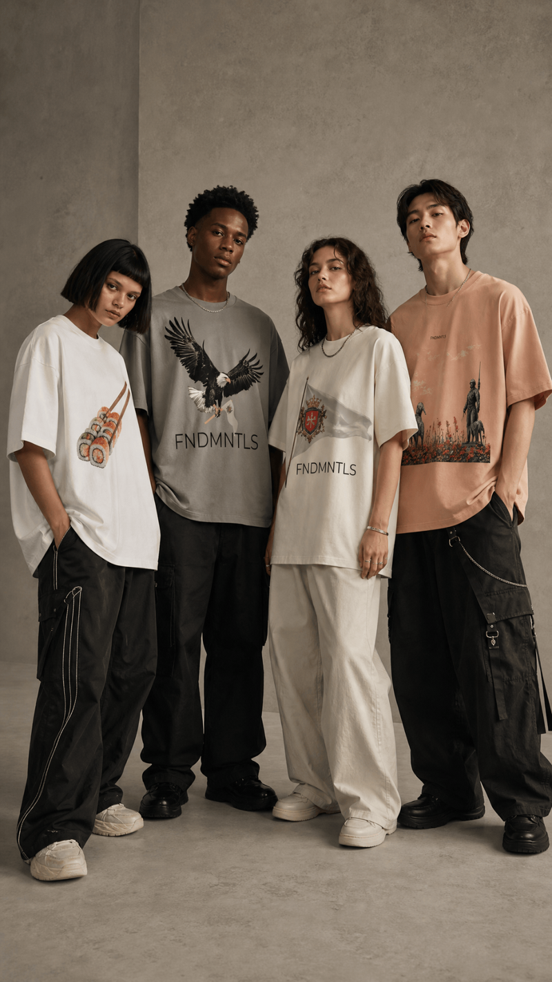 Five people wearing various graphic t-shirts and pants on a plain background