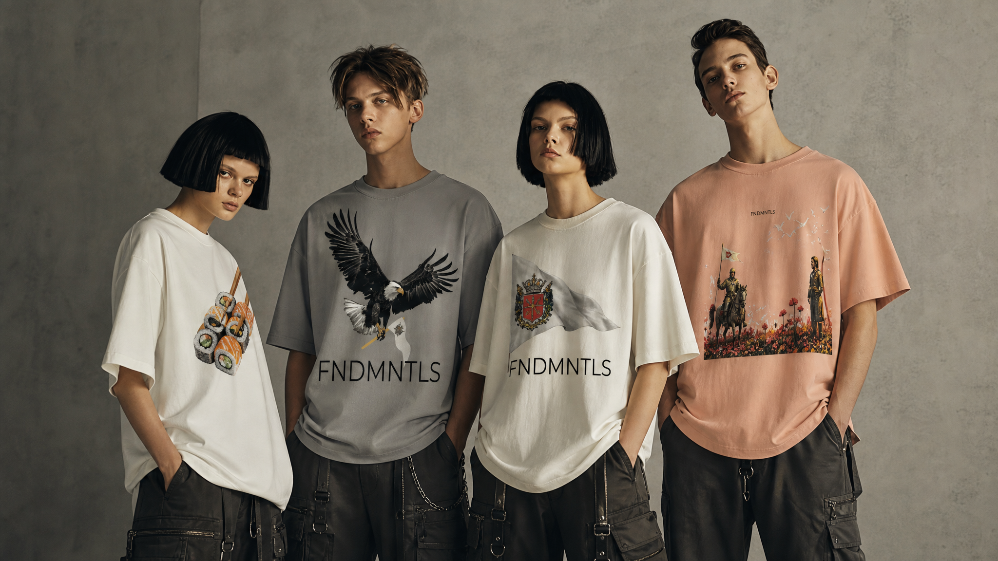 Four people wearing t-shirts with different designs on a gray background