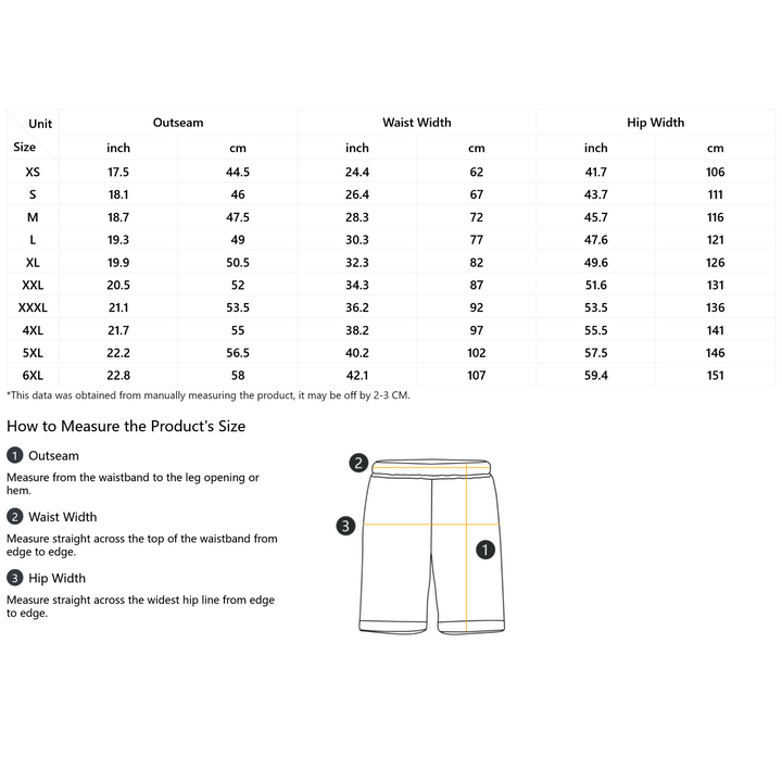 Measurement chart for shorts with size chart and how-to-measure guide on a white background