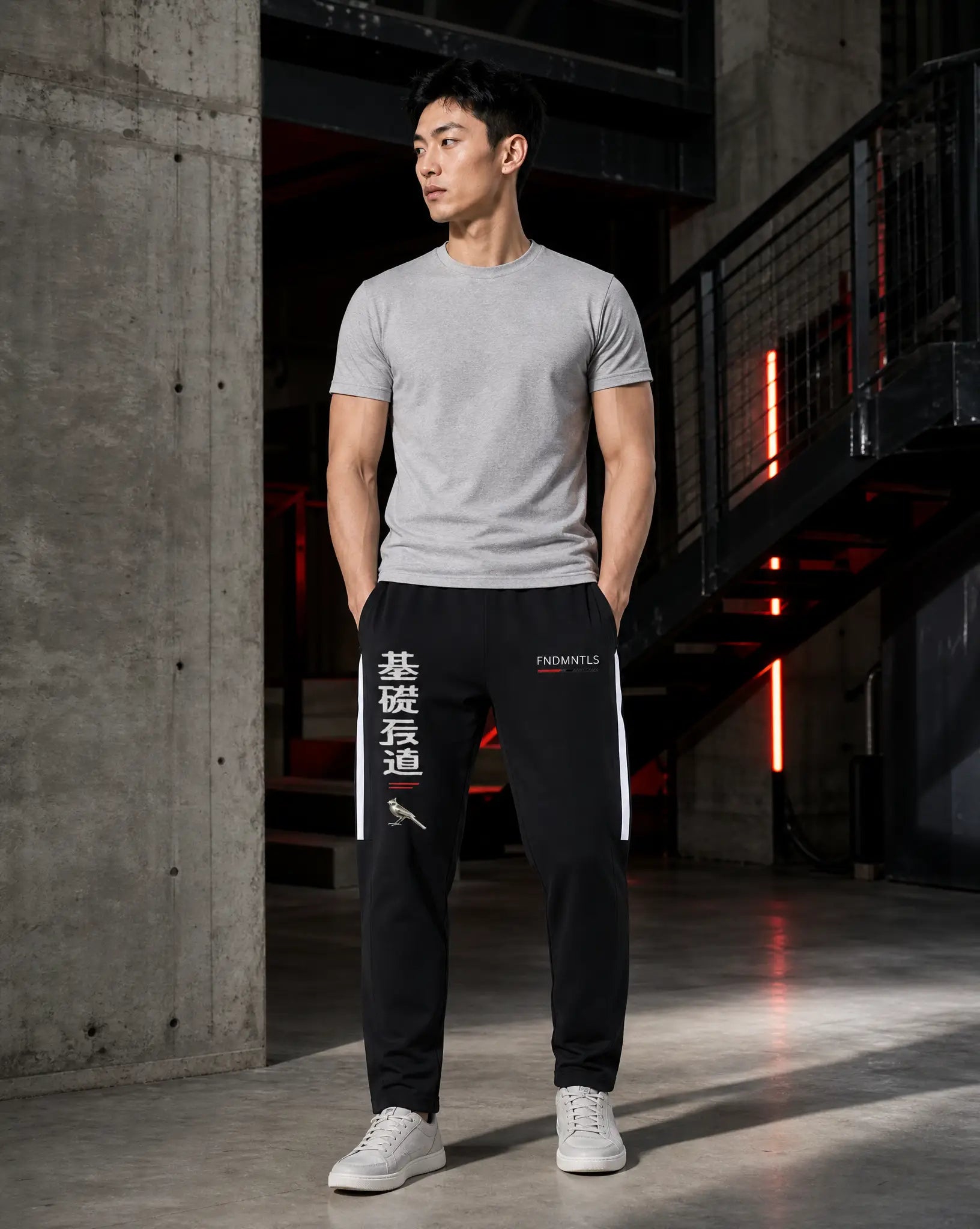 A man stands in a modern industrial loft wearing a light gray crewneck t-shirt, black track pants with white side stripes and Chinese characters, and white sneakers.