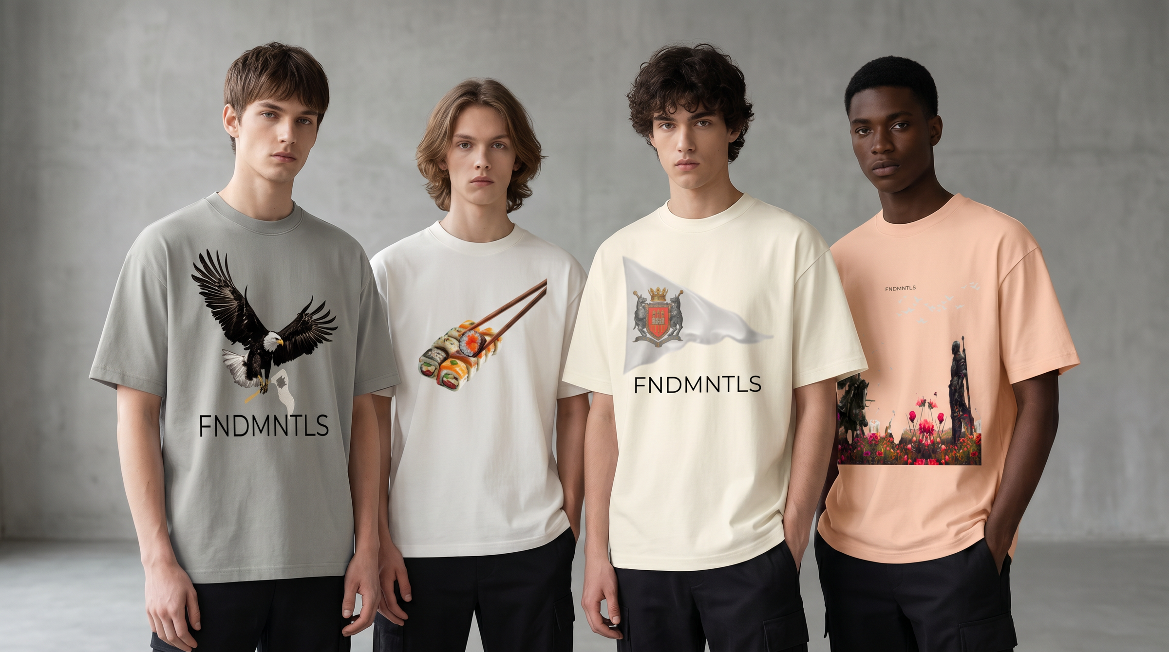 Four individuals wearing t-shirts with different designs and branding on a gray background