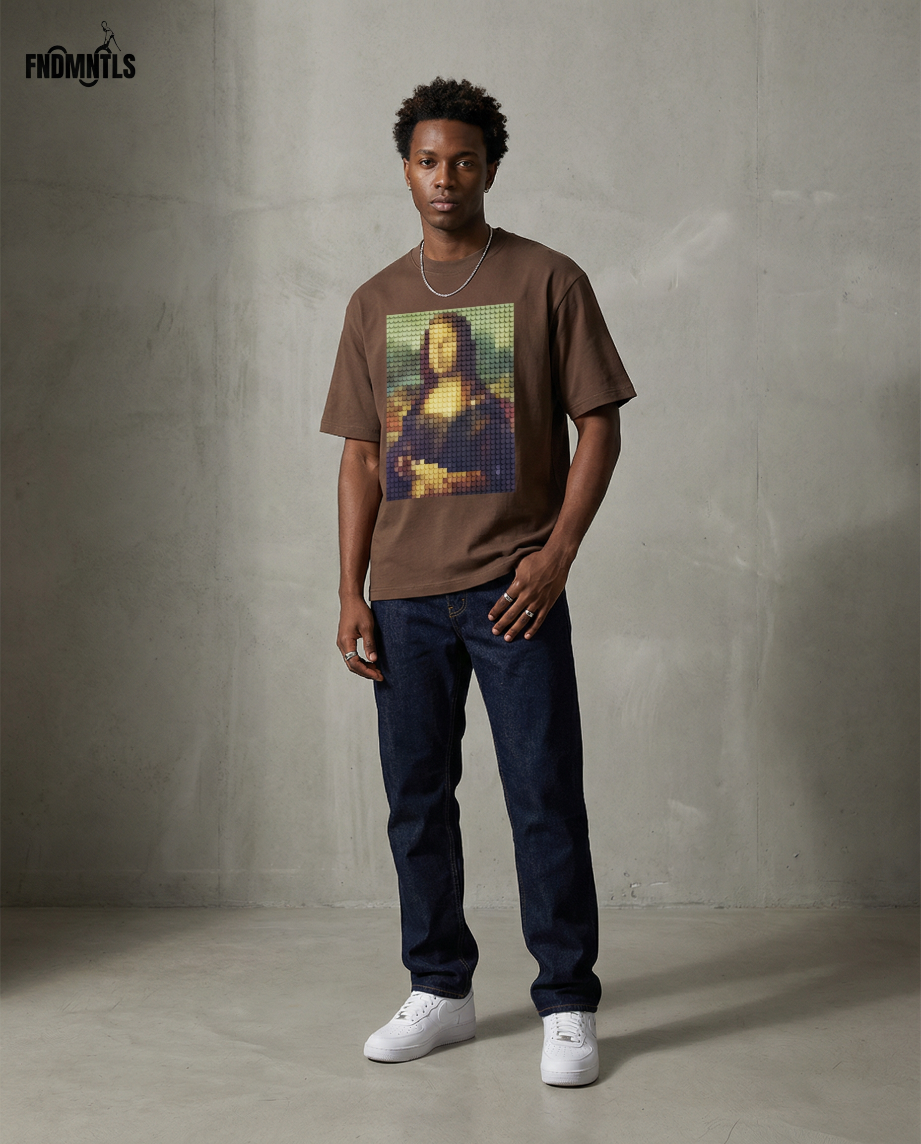 Model wearing Mona Lisa Graphic Tee | FNDMNTLS