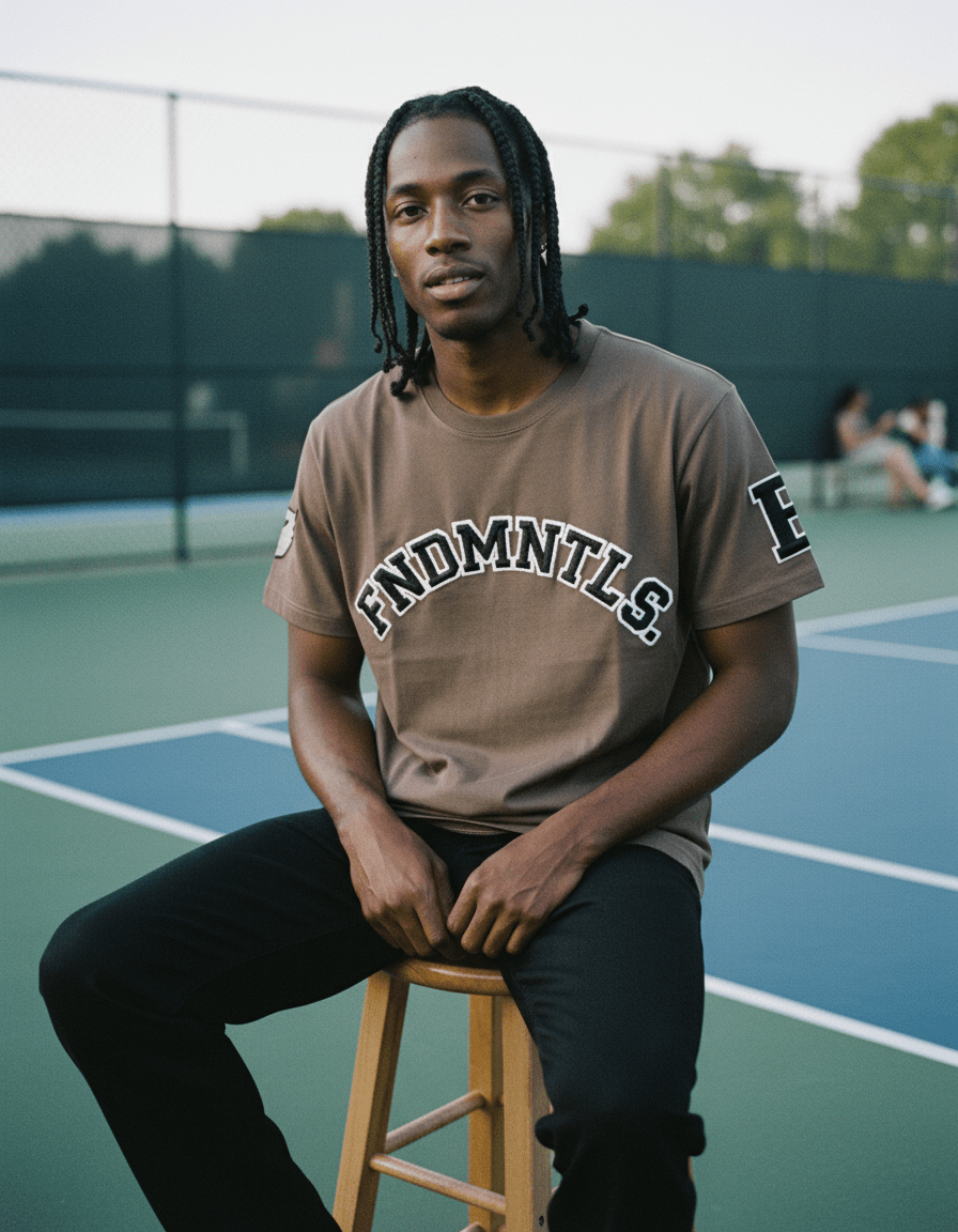 Model wearing Varsity Arch Tee | FNDMNTLS