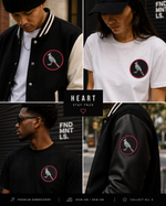 A four-panel collage showing people wearing a black varsity-style jacket and a white T-shirt, each with a matching circular embroidered logo on the chest featuring a bird inside a red ring. A central black panel reads “HEART STAY TRUE,” and the bottom strip includes embroidery service text.