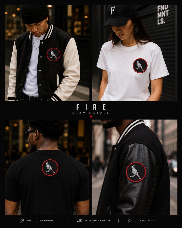 A four-panel promotional collage showing people wearing a circular bird-with-cross-out logo patch on different apparel items: a black varsity jacket, a white T-shirt, a black T-shirt from the back, and a black leather jacket. The center text reads “FIRE Stay Driven.