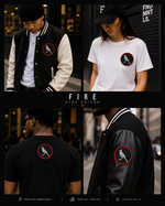 A four-panel promotional collage showing people wearing a circular bird-with-cross-out logo patch on different apparel items: a black varsity jacket, a white T-shirt, a black T-shirt from the back, and a black leather jacket. The center text reads “FIRE Stay Driven.