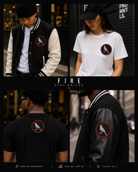A four-panel promotional collage showing people wearing a circular bird-with-cross-out logo patch on different apparel items: a black varsity jacket, a white T-shirt, a black T-shirt from the back, and a black leather jacket. The center text reads “FIRE Stay Driven.