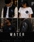 A four-panel collage showing people wearing a circular bird logo patch on different garments: a black varsity jacket with cream sleeves, a white T-shirt, a black T-shirt, and a black leather jacket. The bottom panel includes the text 'WATER STAY FLUID' with a small blue droplet icon.