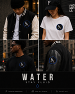 A four-panel collage showing people wearing a circular bird logo patch on different garments: a black varsity jacket with cream sleeves, a white T-shirt, a black T-shirt, and a black leather jacket. The bottom panel includes the text 'WATER STAY FLUID' with a small blue droplet icon.