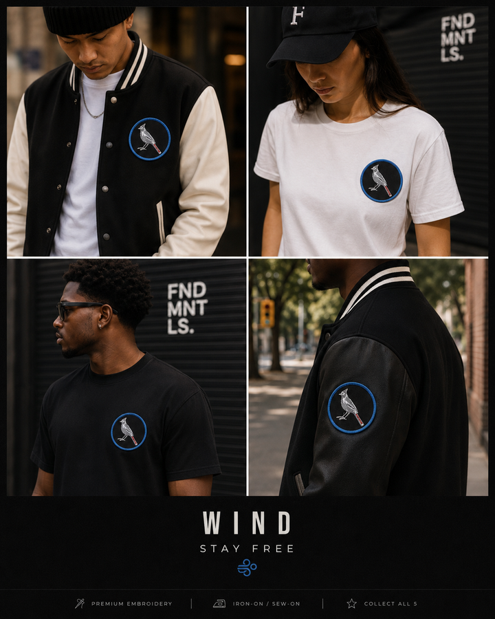 A four-panel collage showing the same apparel design worn by multiple models: a black-and-cream varsity jacket, a white T-shirt, a black T-shirt, and a close-up side view of the black jacket sleeve. Each panel features a circular bird logo with a blue ring.