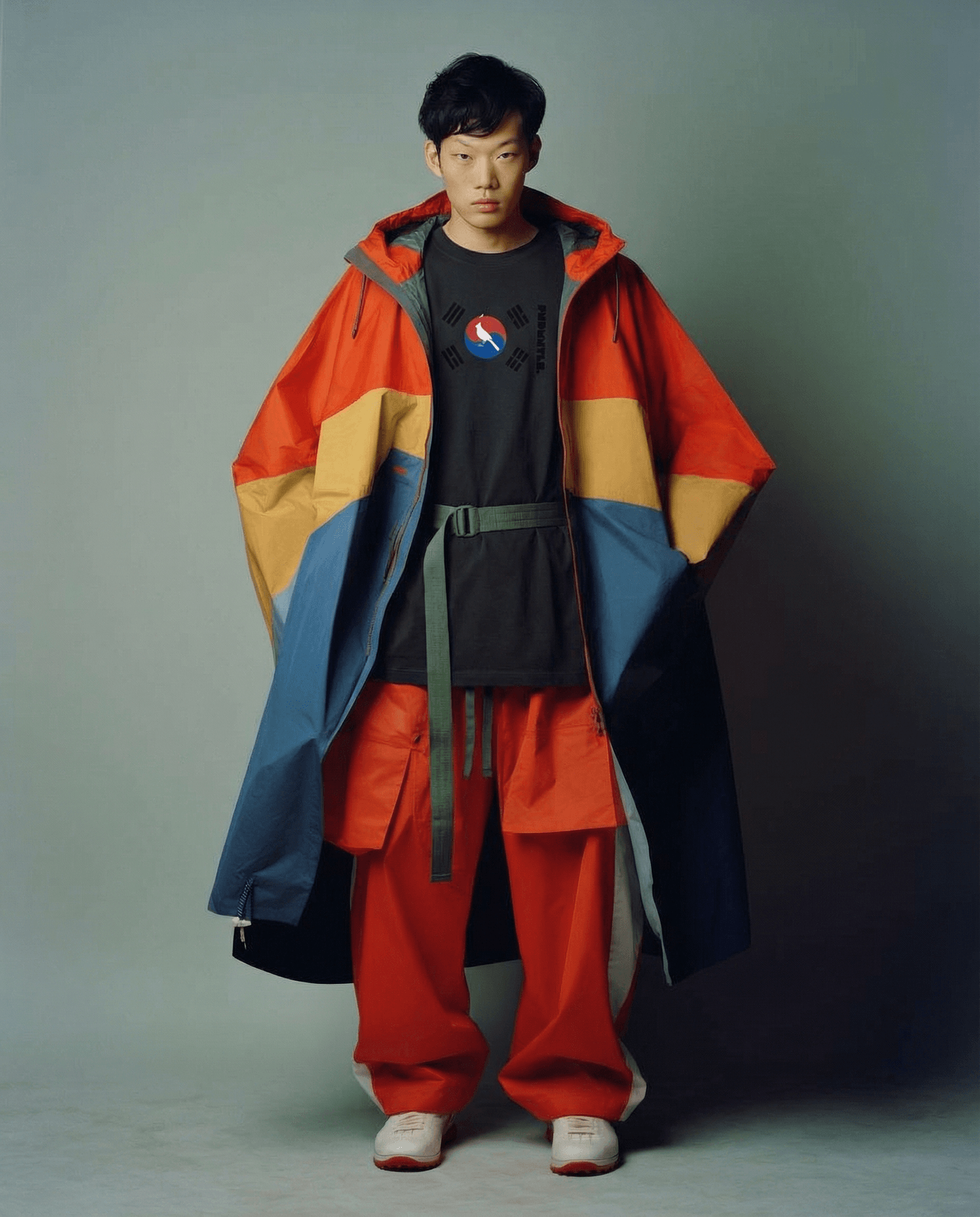 Person wearing a colorful coat and red pants against a plain background