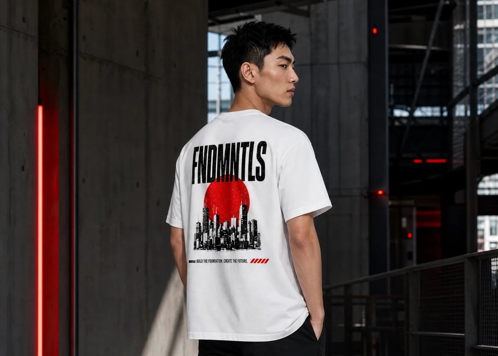 FNDMNTLS® FD Back graphic T-shirt in white — single product campaign image