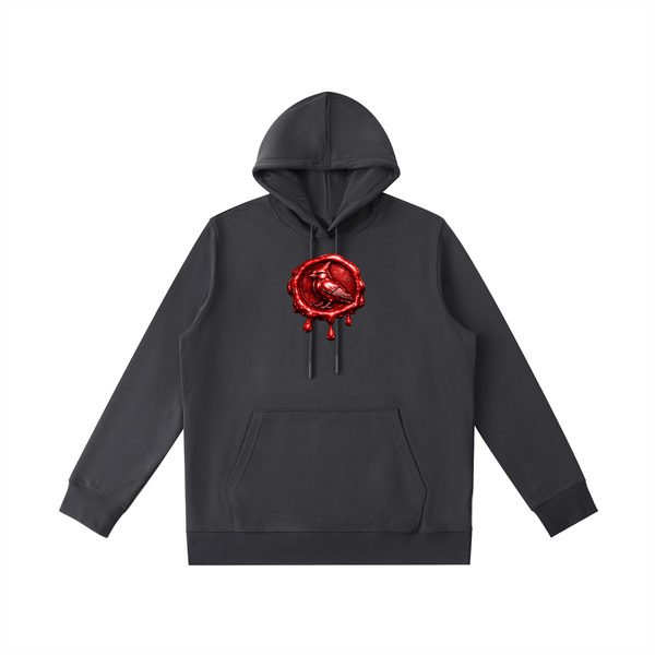 Premio Essential Oversized Hoodie in charcoal gray featuring red cardinal wax seal graphic, loose fit with front pocket and adjustable hood.
