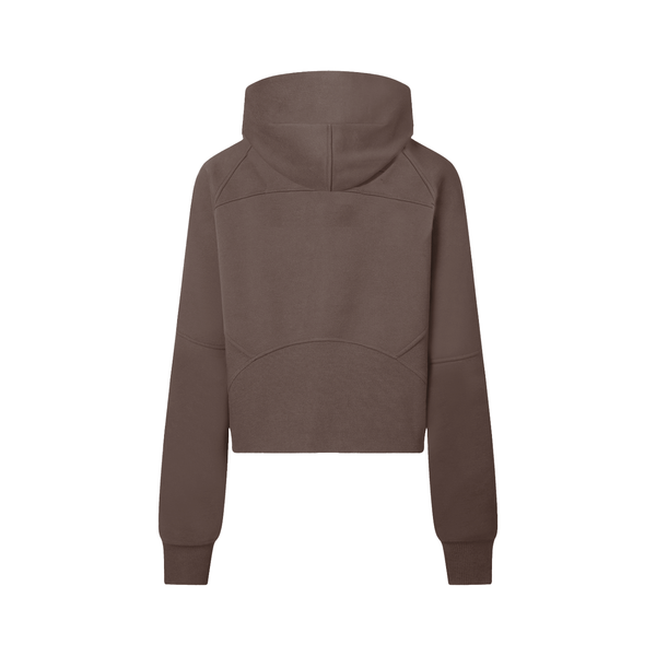 Back view of chocolate brown cropped half-zip hoodie for women, featuring a hood and ergonomic seam design for active wear.