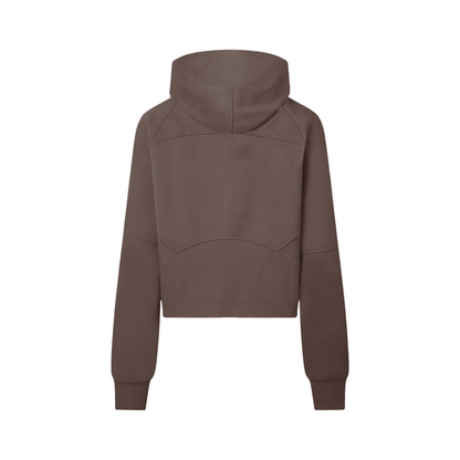 Back view of chocolate brown cropped half-zip hoodie for women, featuring a hood and ergonomic seam design for active wear.