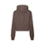 Back view of chocolate brown cropped half-zip hoodie for women, featuring a hood and ergonomic seam design for active wear.