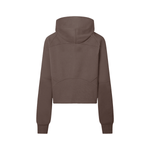 Back view of chocolate brown cropped half-zip hoodie for women, featuring a hood and ergonomic seam design for active wear.