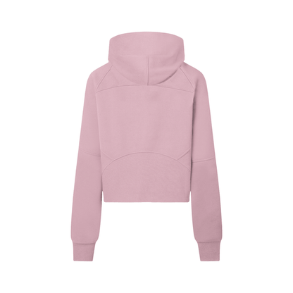 Back of pink cropped half-zip hoodie for women with hood and curved seam accents, offering a stylish and comfortable fit.