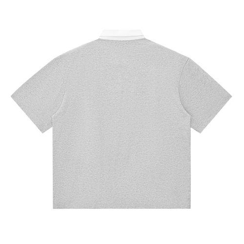 Back view of gray contrast polo shirt with white collar, unisex cotton blend perfect for everyday casual style.