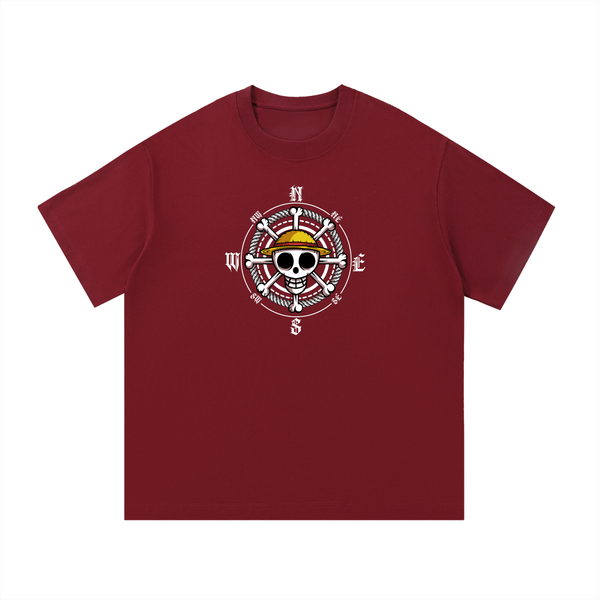 Maroon One Piece Essential Cotton T-Shirt with standout compass skull graphic, ideal for anime fans and casual fashion lovers.