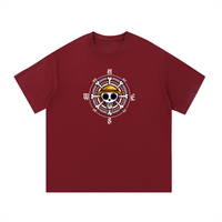 Maroon One Piece Essential Cotton T-Shirt with standout compass skull graphic, ideal for anime fans and casual fashion lovers.